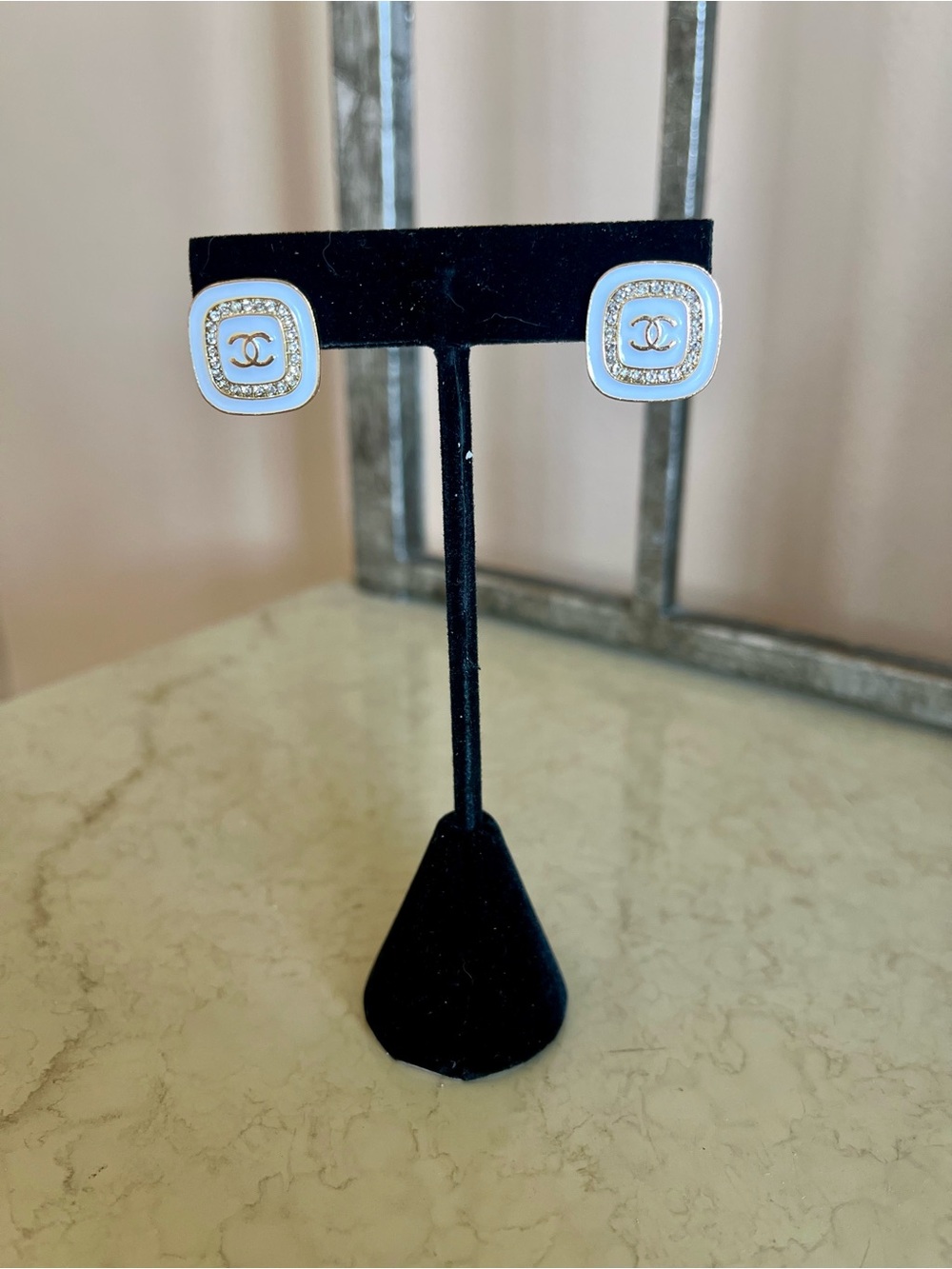 CHANEL White and Gold Square CC Crystal-Trim Stud Earrings